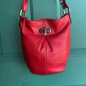B. Makowsky Red leather bucket bag with gold hardware